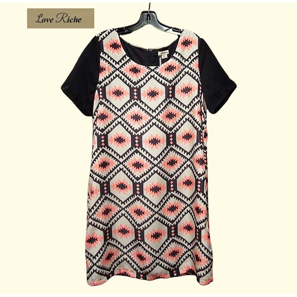 LOVE RICHE NEW Bohemian Geometric Aztec Tribal Print Shift Dress M - Picture 1 of 11